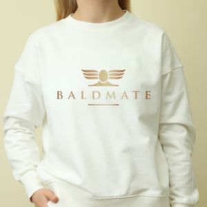 white sweat shirt with gold logo